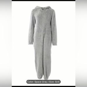 Solid Hooded Fuzzy Jumpsuit, Comfy Long Sleeve Zipper Pajamas